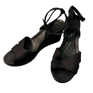 Crocs Leigh II Ankle Cross-Strap Wedge Sandals Womens Sz 9 Black Comfort EUC